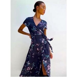 Babaton Blue and Pink Asymmetrical Sundress with Ruffled Hem